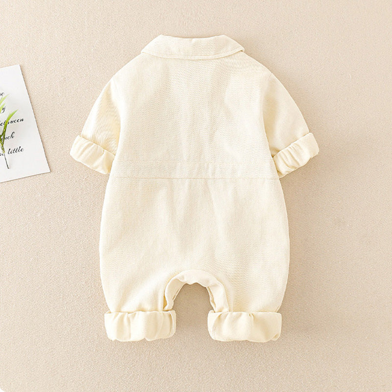 BearBuddy Denim – Spring Cartoon Pocket Romper for Babies
