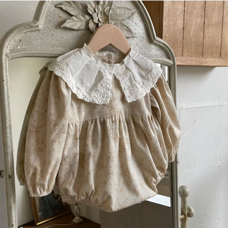 LaceWhimsy – Corduroy Floral Romper with Petal Collar for Baby Girls