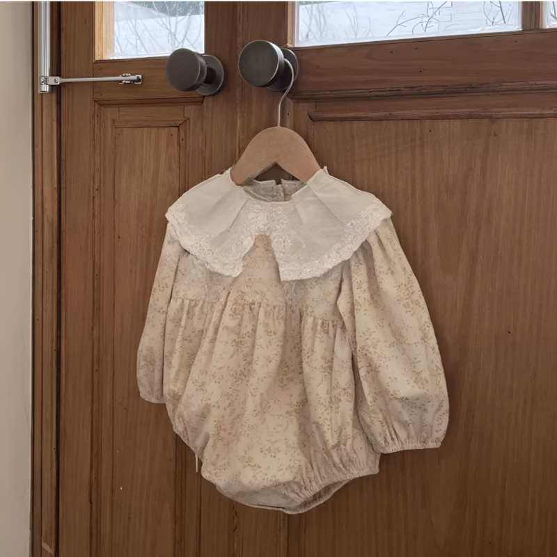 LaceWhimsy – Corduroy Floral Romper with Petal Collar for Baby Girls