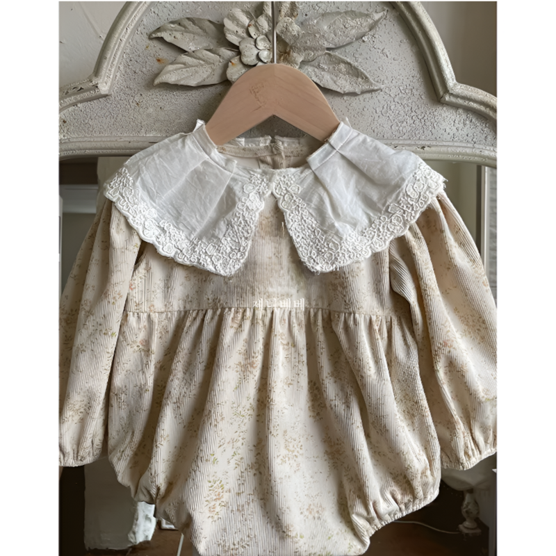 LaceWhimsy – Corduroy Floral Romper with Petal Collar for Baby Girls