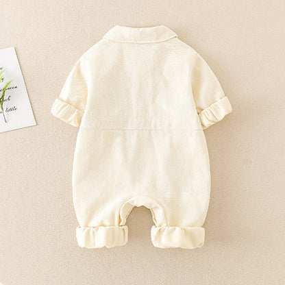 BearBuddy Denim – Spring Cartoon Pocket Romper for Babies