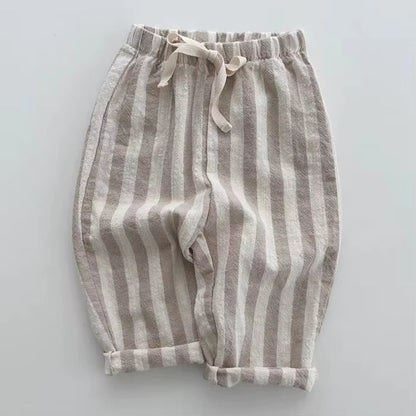TinyTrend™ Vintage Cotton Stripe Pants – Unisex Casual Trousers with Pockets for Toddlers